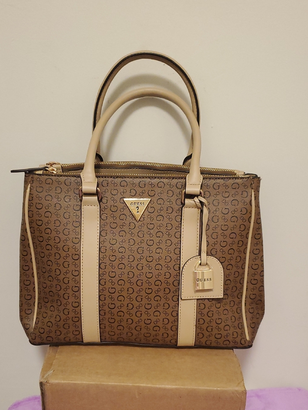 GUESS Brown Monogram Satchel with Cream Trim